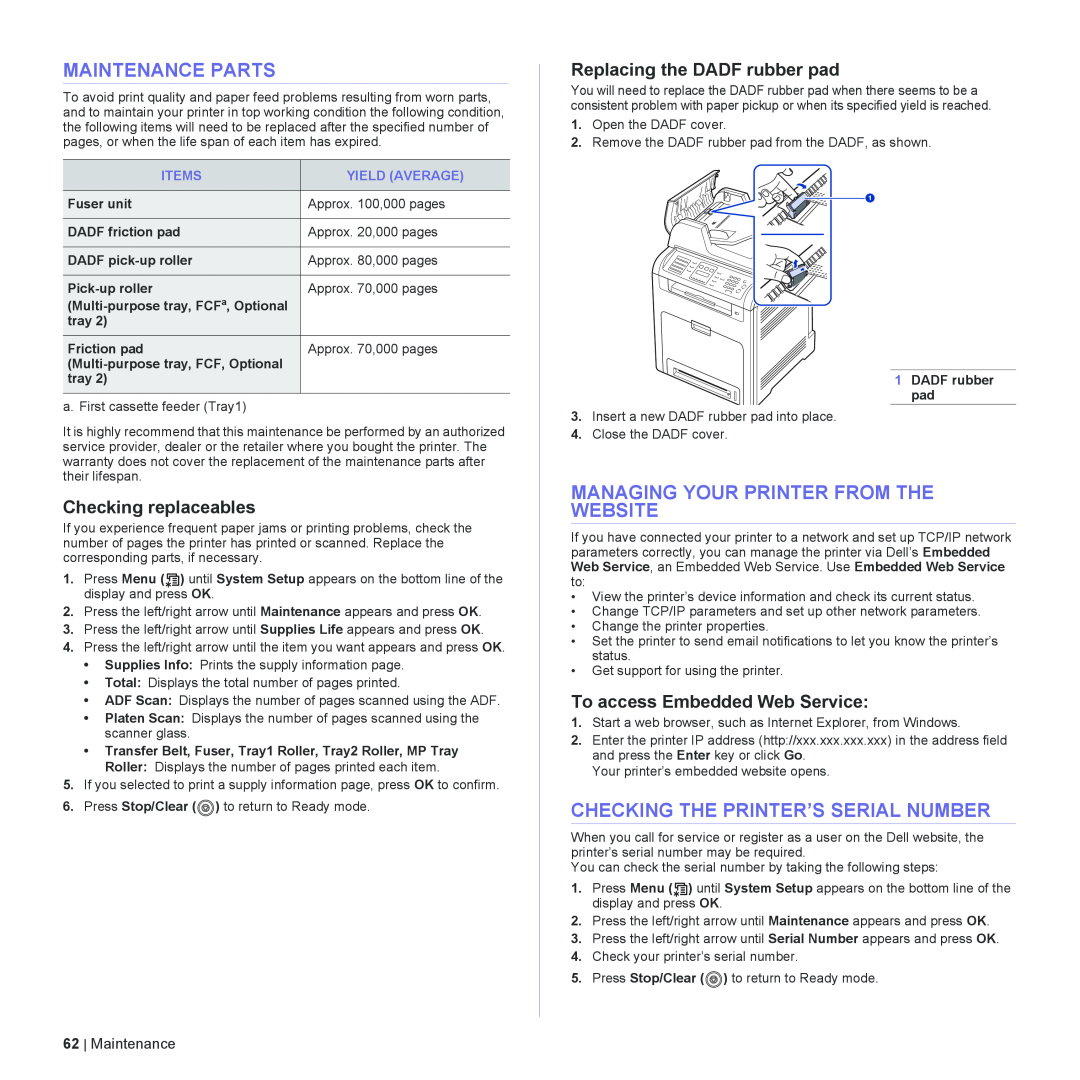 Dell 2145cn manual Maintenance Parts, Managing Your Printer From The Website, Checking The Printer’S Serial Number 