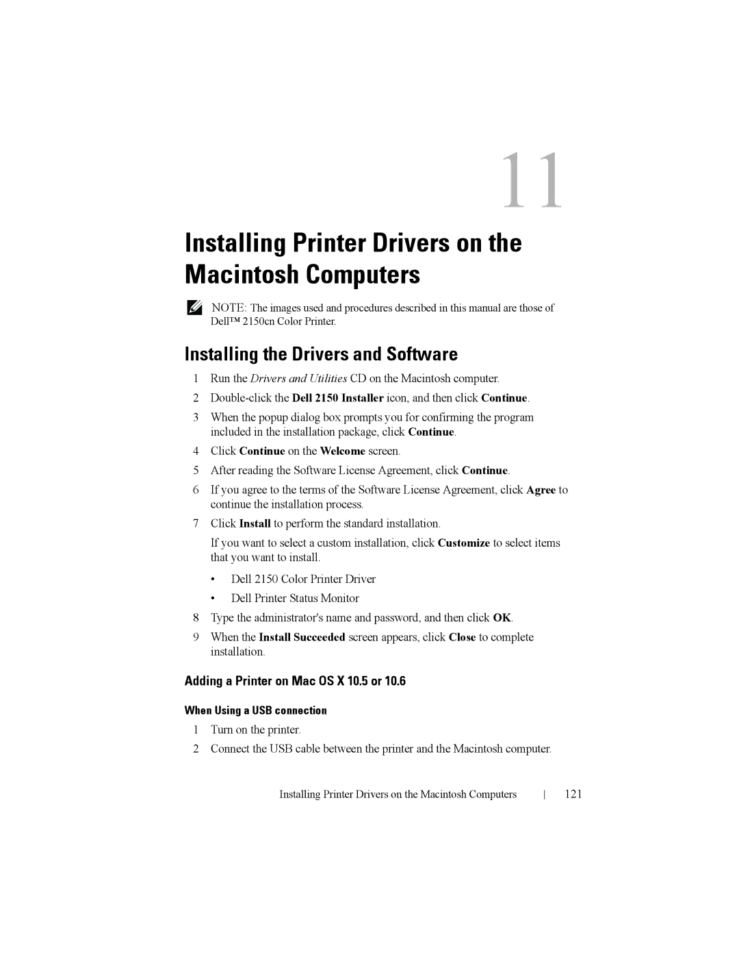 Dell 2150cn Installing the Drivers and Software, Adding a Printer on Mac OS X 10.5 or, When Using a USB connection, 121 