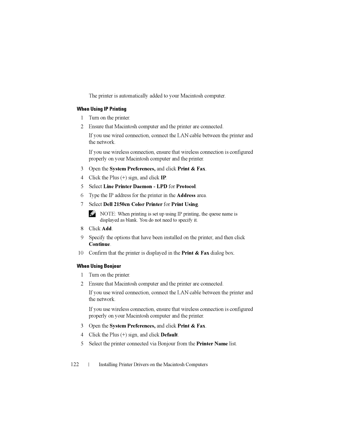 Dell 2150cn manual When Using IP Printing, Open the System Preferences, and click Print & Fax, When Using Bonjour 