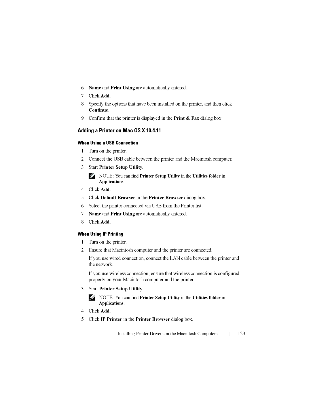 Dell 2150cn Adding a Printer on Mac OS X, Start Printer Setup Utility, Click IP Printer in the Printer Browser dialog box 