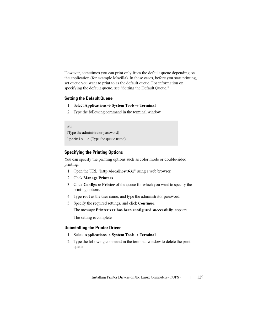 Dell 2150cn manual Setting the Default Queue, Specifying the Printing Options, Uninstalling the Printer Driver 