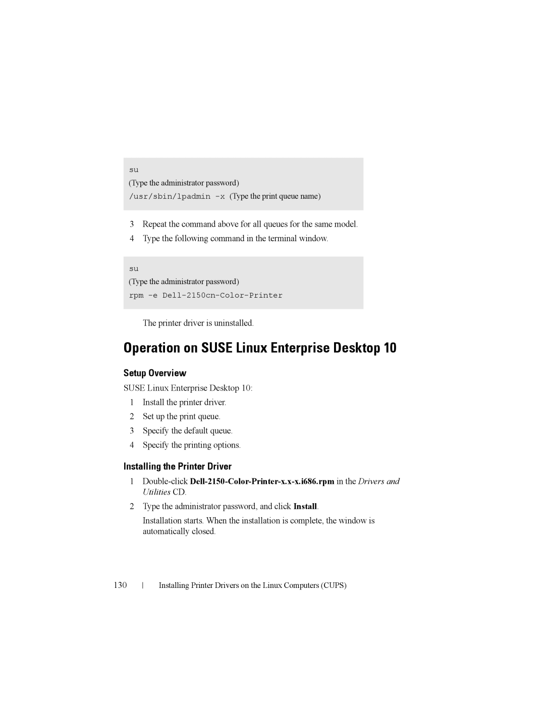 Dell 2150cn manual Operation on Suse Linux Enterprise Desktop, Printer driver is uninstalled 