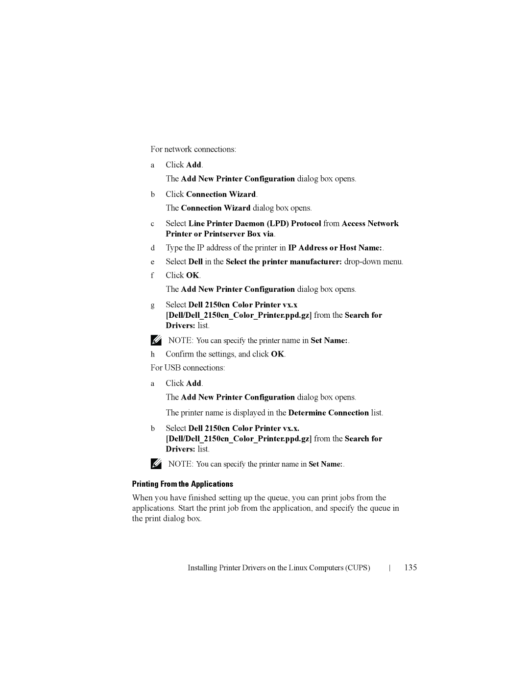 Dell 2150cn manual For network connections Click Add, Connection Wizard dialog box opens, 135 