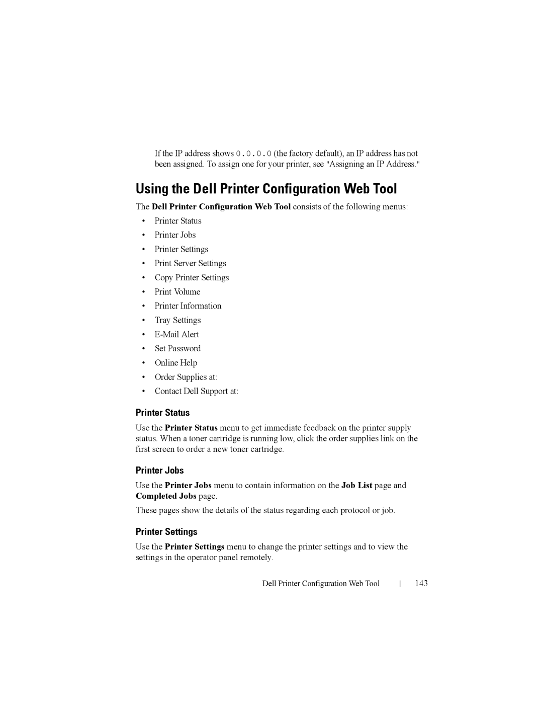 Dell 2150cn manual Using the Dell Printer Configuration Web Tool, Printer Status, Printer Jobs, Printer Settings, 143 