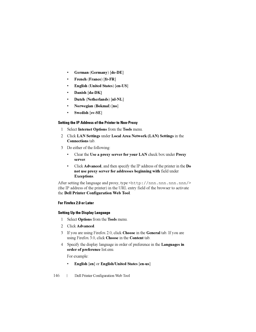 Dell 2150cn Setting the IP Address of the Printer to Non-Proxy, For Firefox 2.0 or Later Setting Up the Display Language 