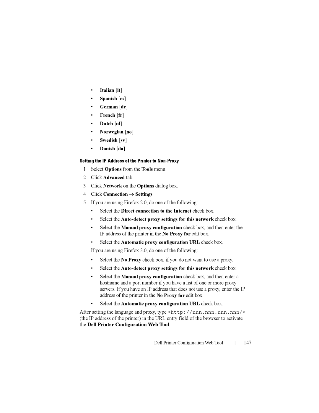 Dell 2150cn manual Click Connection → Settings, If you are using Firefox 2.0, do one of the following, 147 