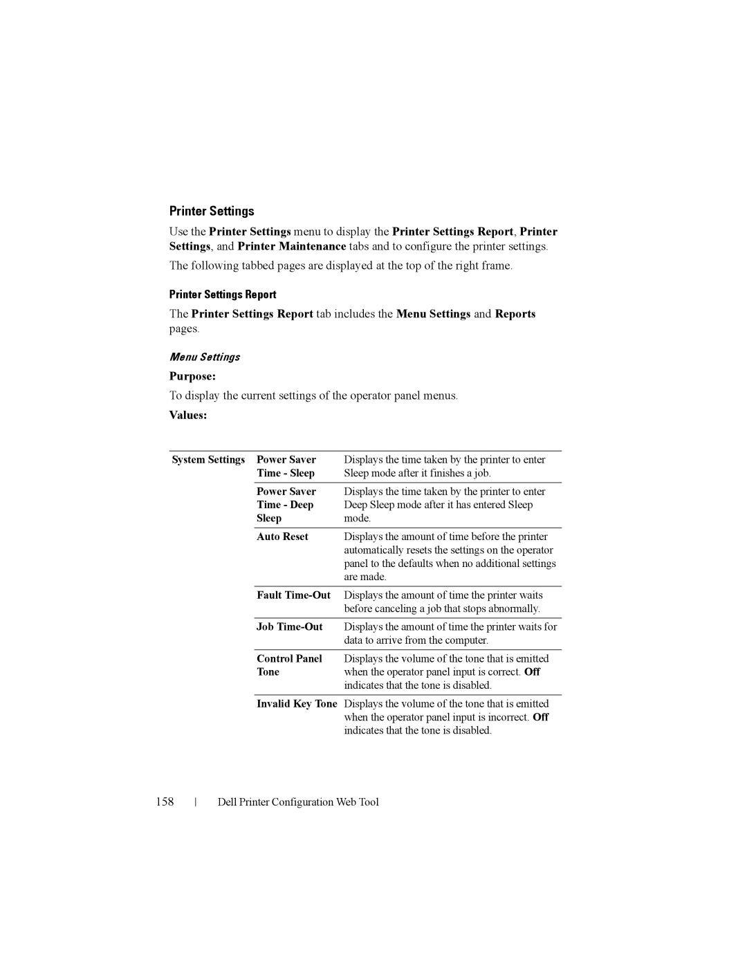 Dell 2150cn manual Printer Settings Report, To display the current settings of the operator panel menus, 158 