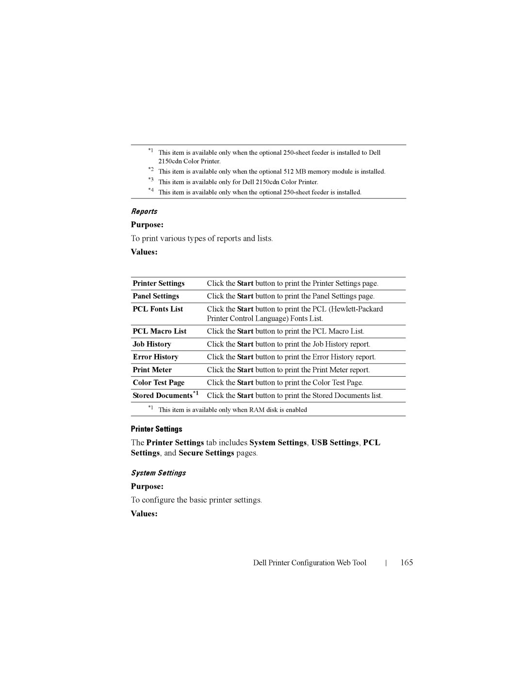 Dell 2150cn To print various types of reports and lists, Printer Settings, To configure the basic printer settings, 165 