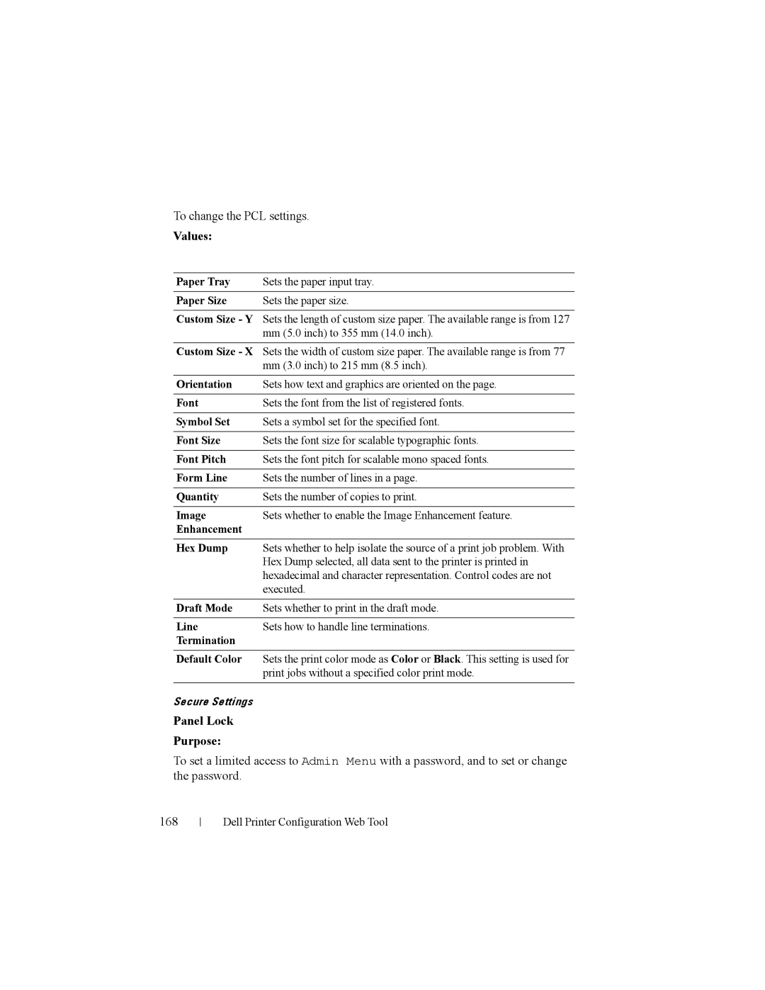 Dell 2150cn manual To change the PCL settings, Panel Lock Purpose, Enhancement Hex Dump, Line, Termination Default Color 