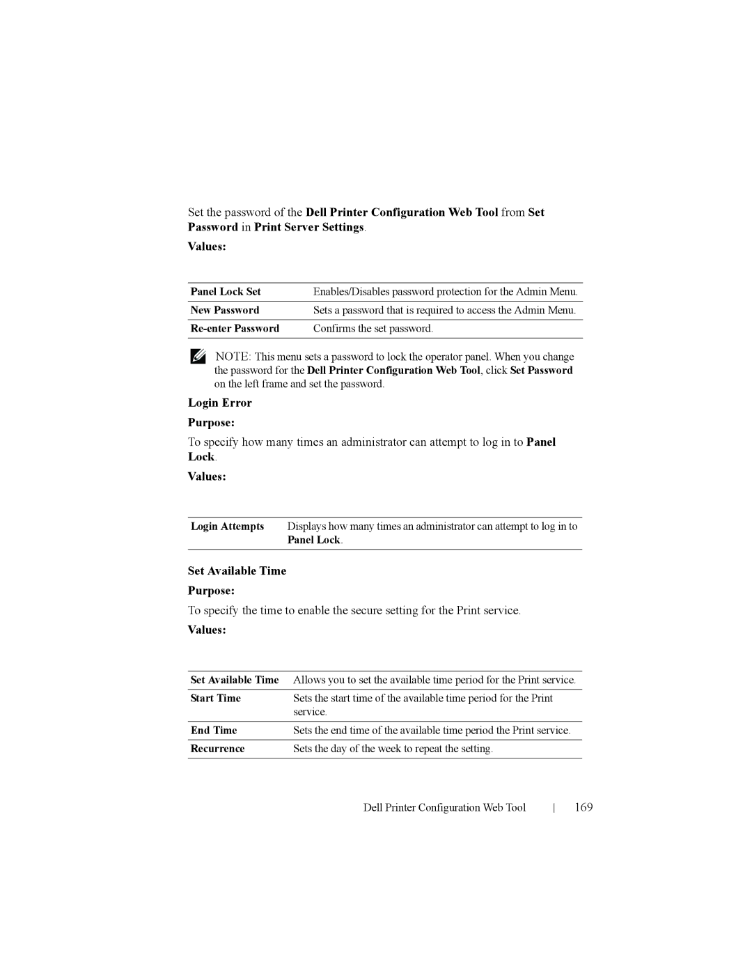 Dell 2150cn manual Login Error Purpose, Set Available Time Purpose, 169 