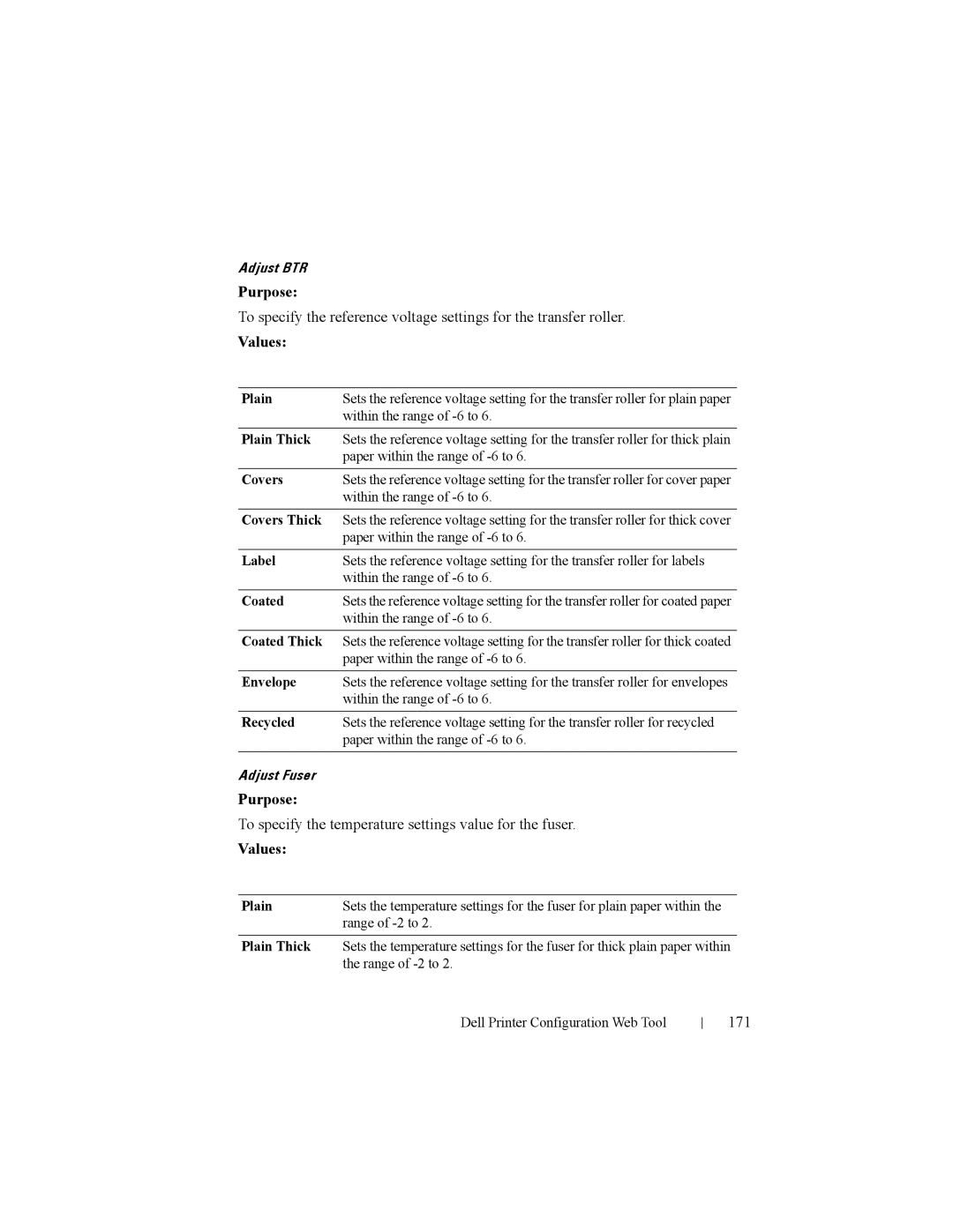 Dell 2150cn manual To specify the temperature settings value for the fuser, 171 