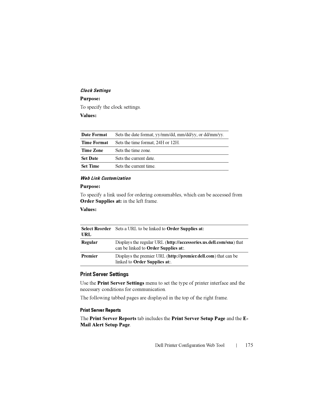 Dell 2150cn manual To specify the clock settings, Print Server Reports, 175 