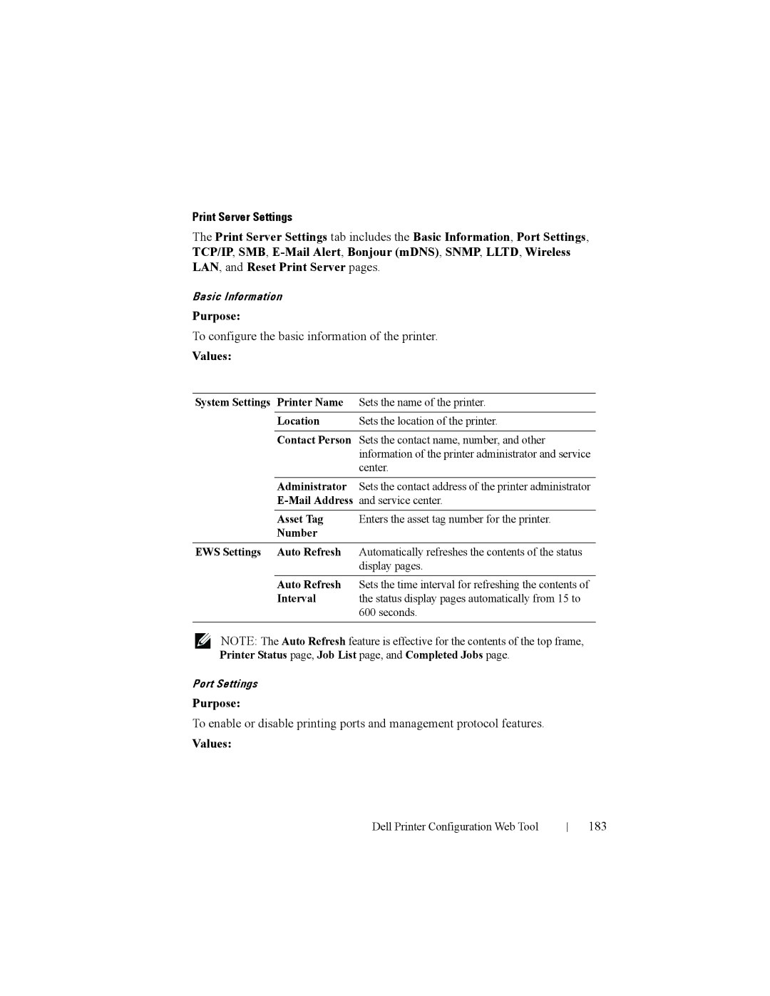 Dell 2150cn manual Print Server Settings, To configure the basic information of the printer, 183 