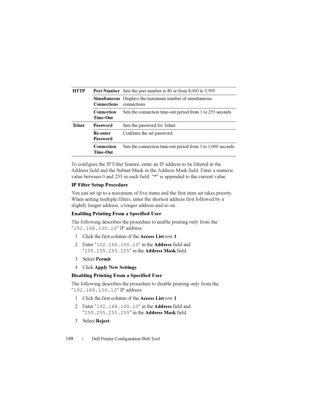 Dell 2150cn manual IP Filter Setup Procedure, Enabling Printing From a Specified User, Select Permit, Select Reject 188 