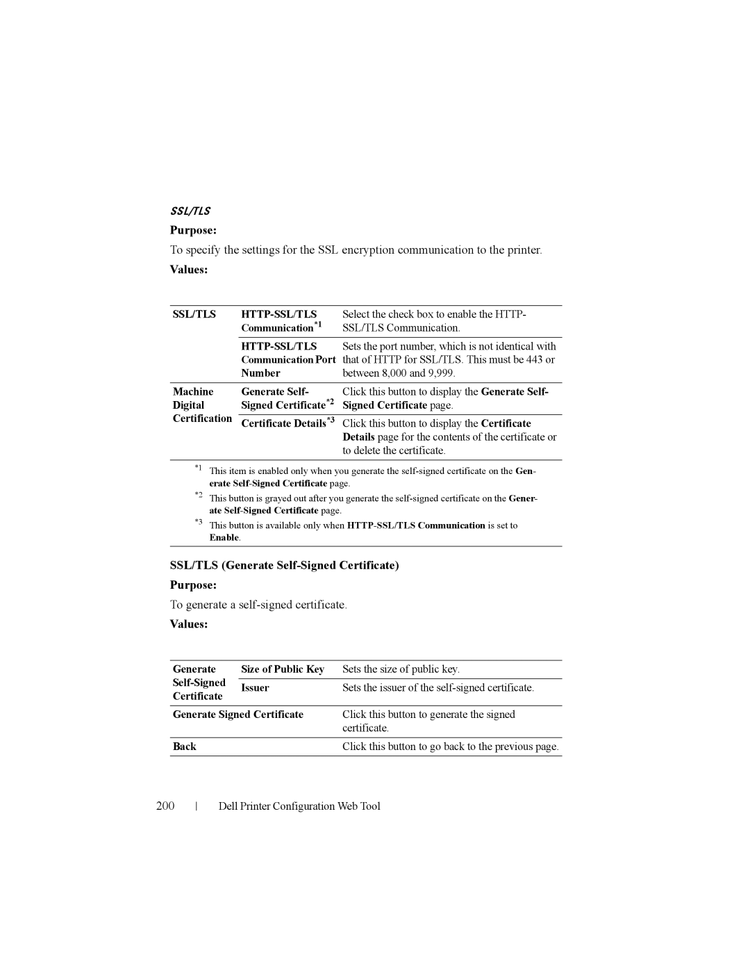 Dell 2150cn manual SSL/TLS Generate Self-Signed Certificate Purpose, To generate a self-signed certificate, 200 