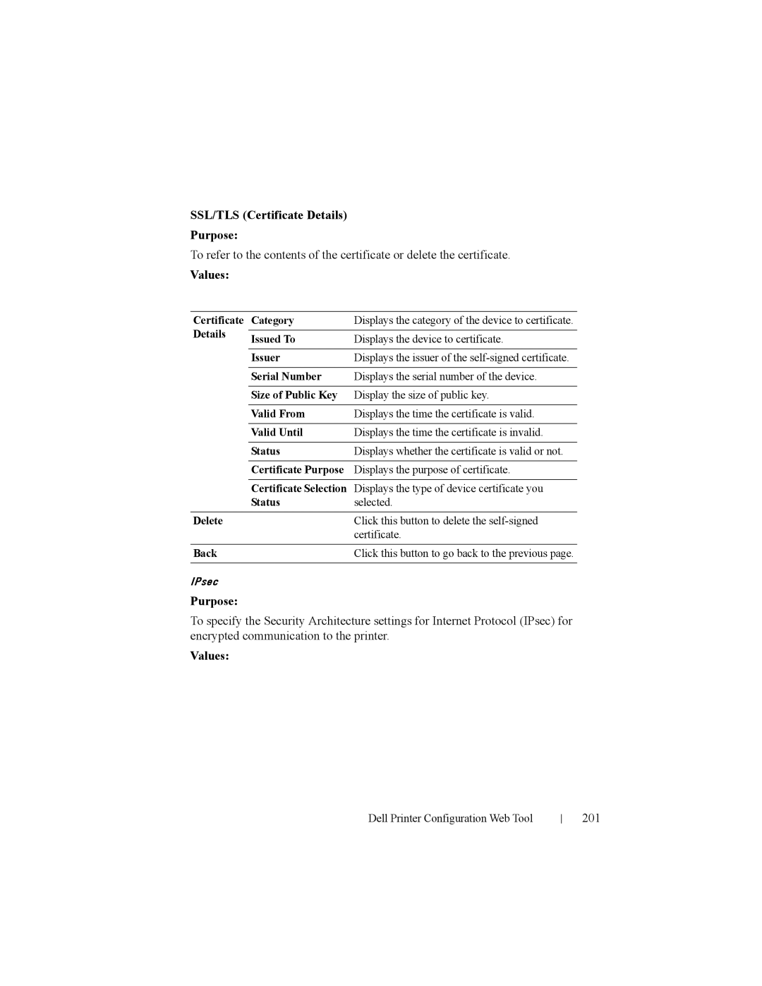 Dell 2150cn manual SSL/TLS Certificate Details Purpose, 201 