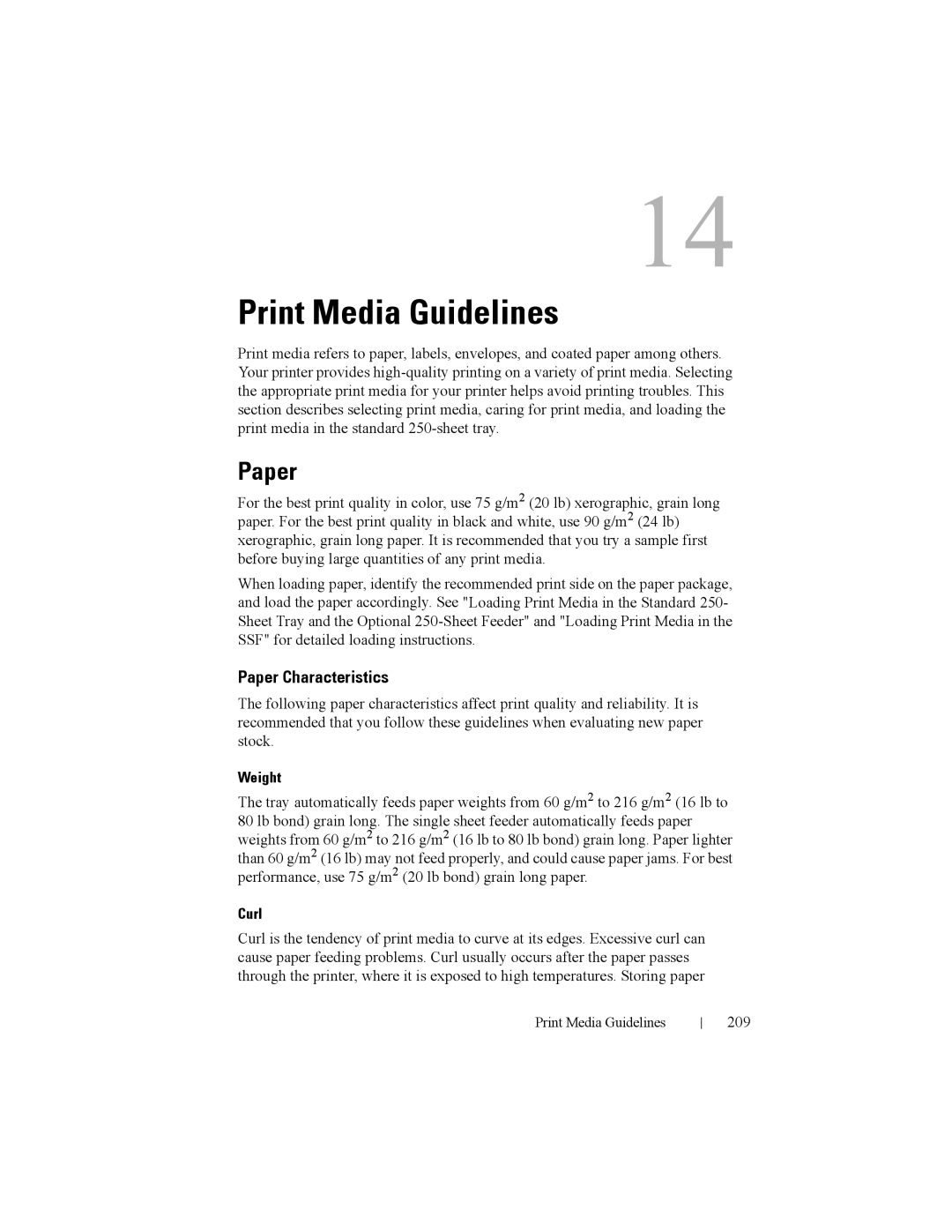 Dell 2150cn manual Print Media Guidelines, Paper Characteristics, Weight, Curl 