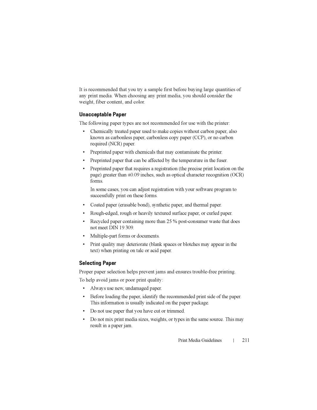 Dell 2150cn manual Unacceptable Paper, Selecting Paper, 211 