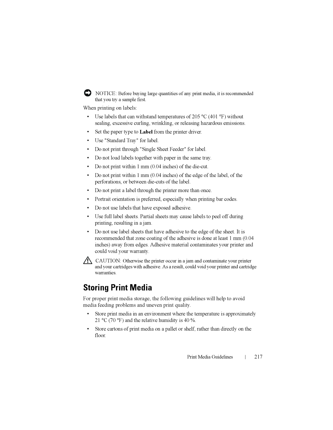 Dell 2150cn manual Storing Print Media, When printing on labels, 217 