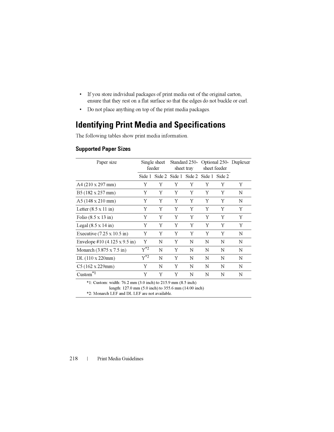 Dell 2150cn manual Identifying Print Media and Specifications, Supported Paper Sizes, 218 