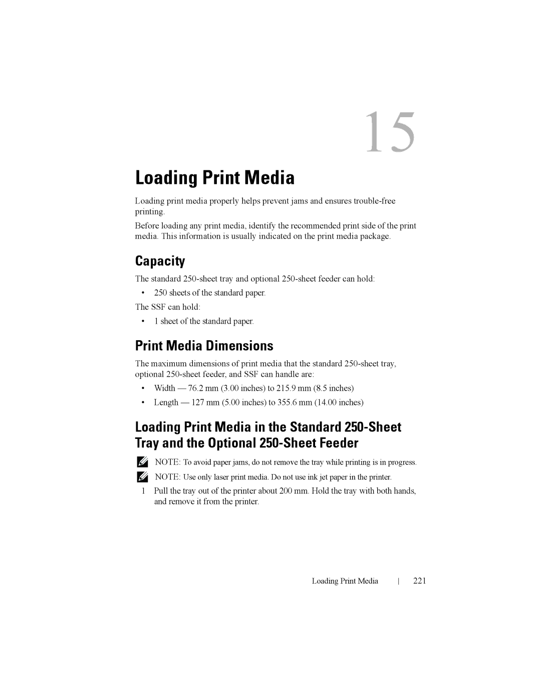 Dell 2150cn manual Loading Print Media, Capacity, Print Media Dimensions, 221 