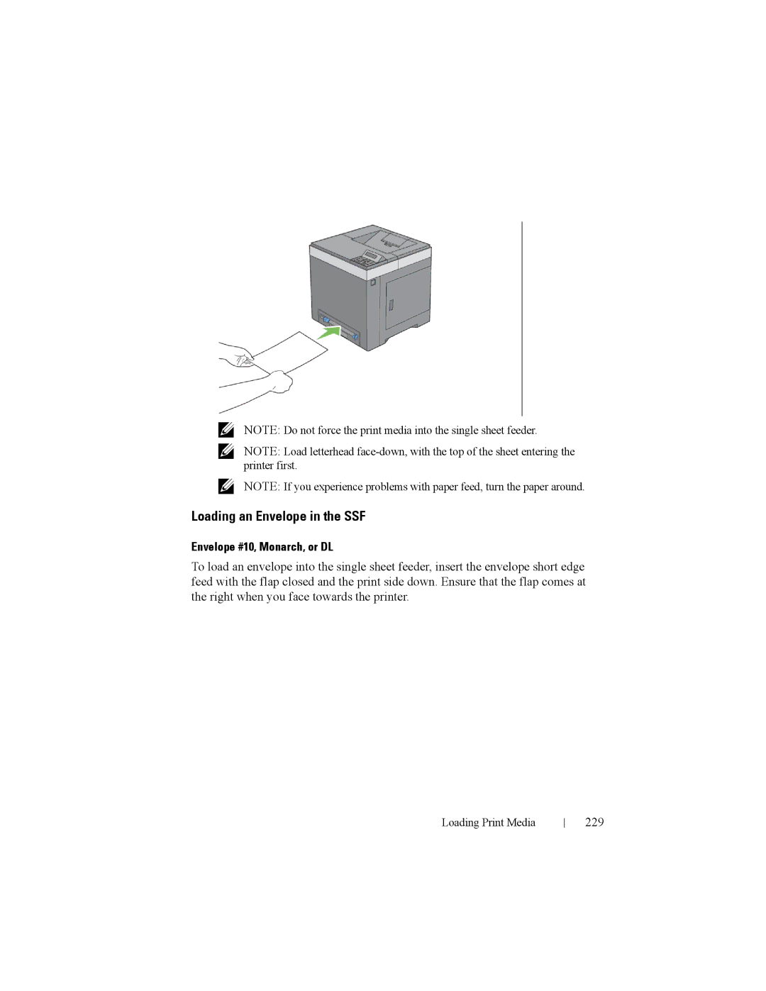 Dell 2150cn manual Loading an Envelope in the SSF, Envelope #10, Monarch, or DL, 229 