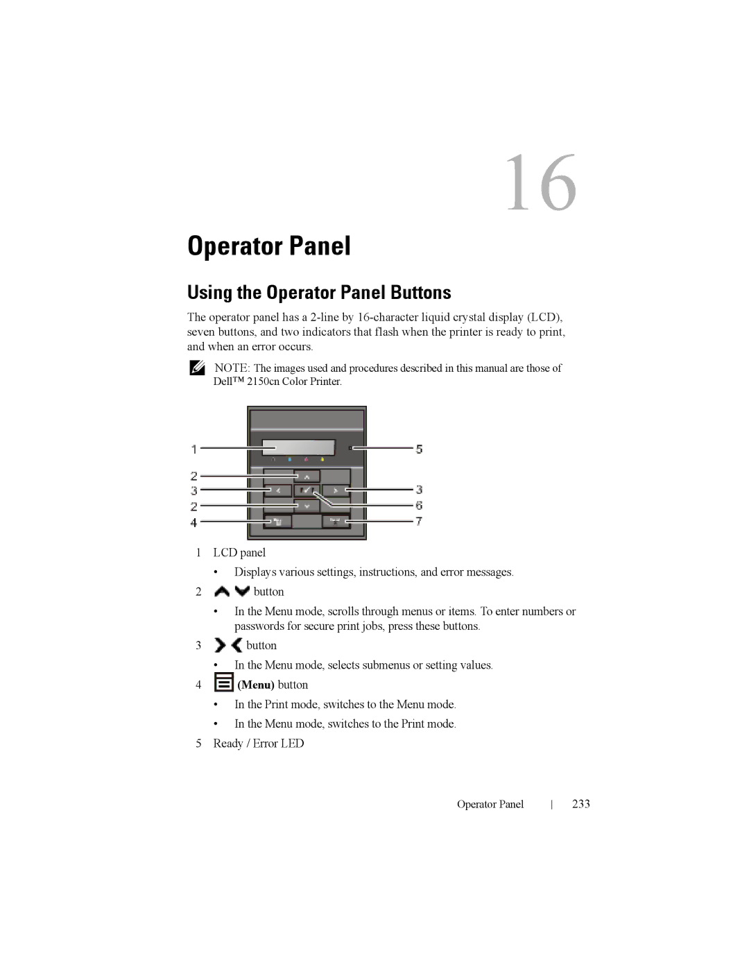 Dell 2150cn manual Using the Operator Panel Buttons, Menu button, 233 