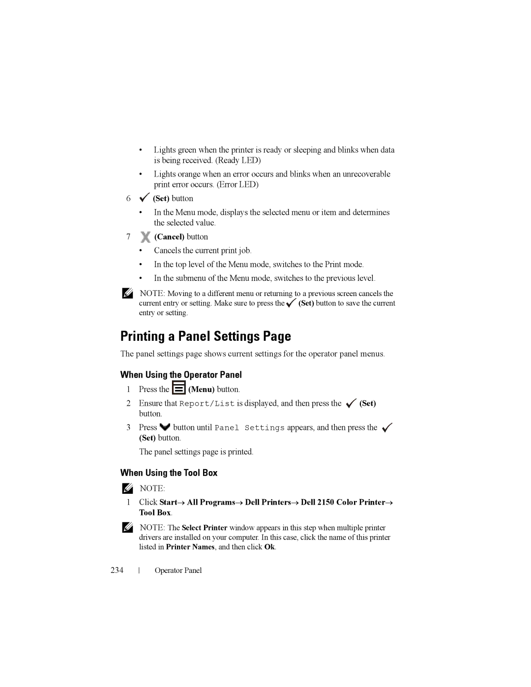 Dell 2150cn manual Printing a Panel Settings, Cancel button, 234 