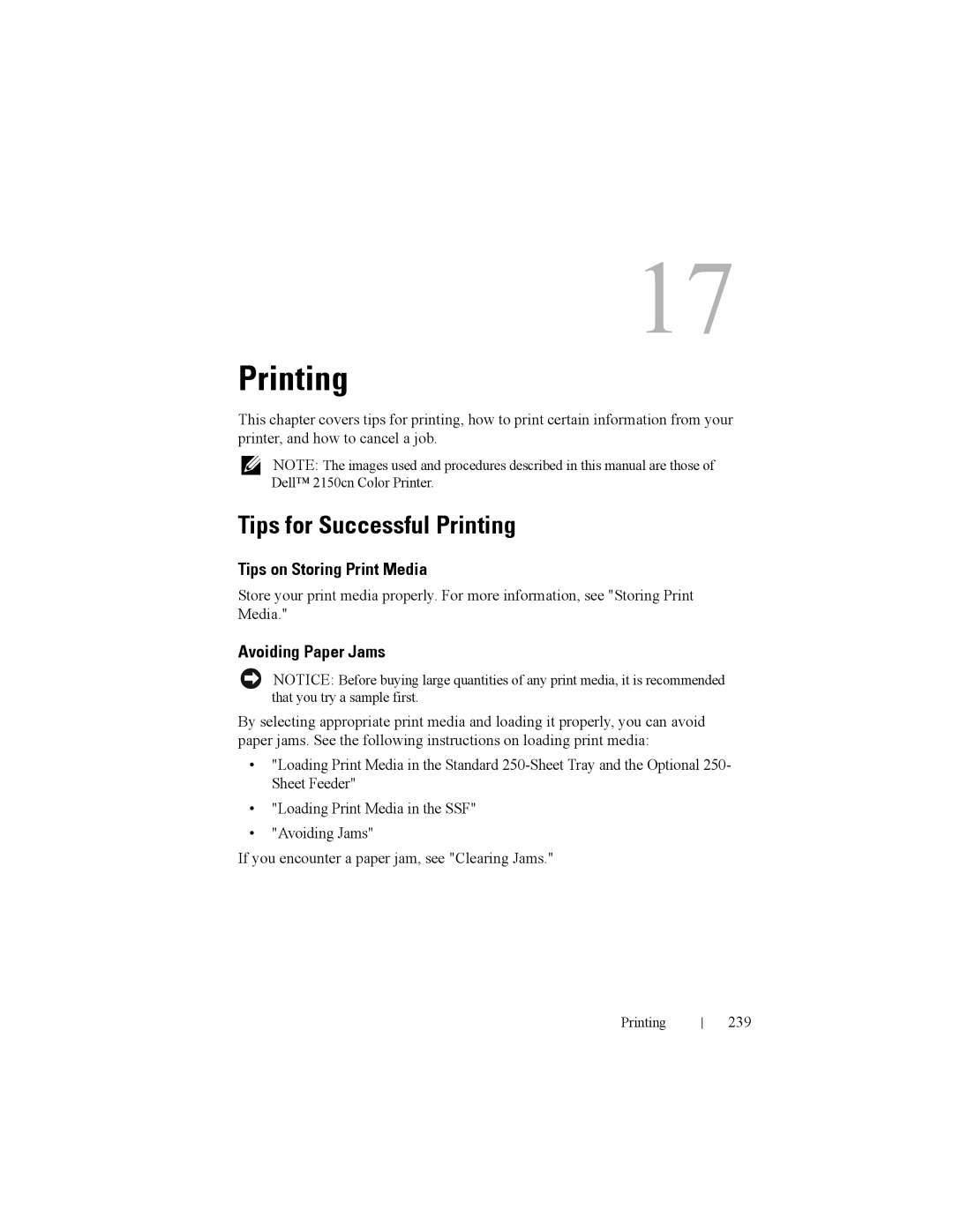 Dell 2150cn manual Tips for Successful Printing, Tips on Storing Print Media, Avoiding Paper Jams, 239 