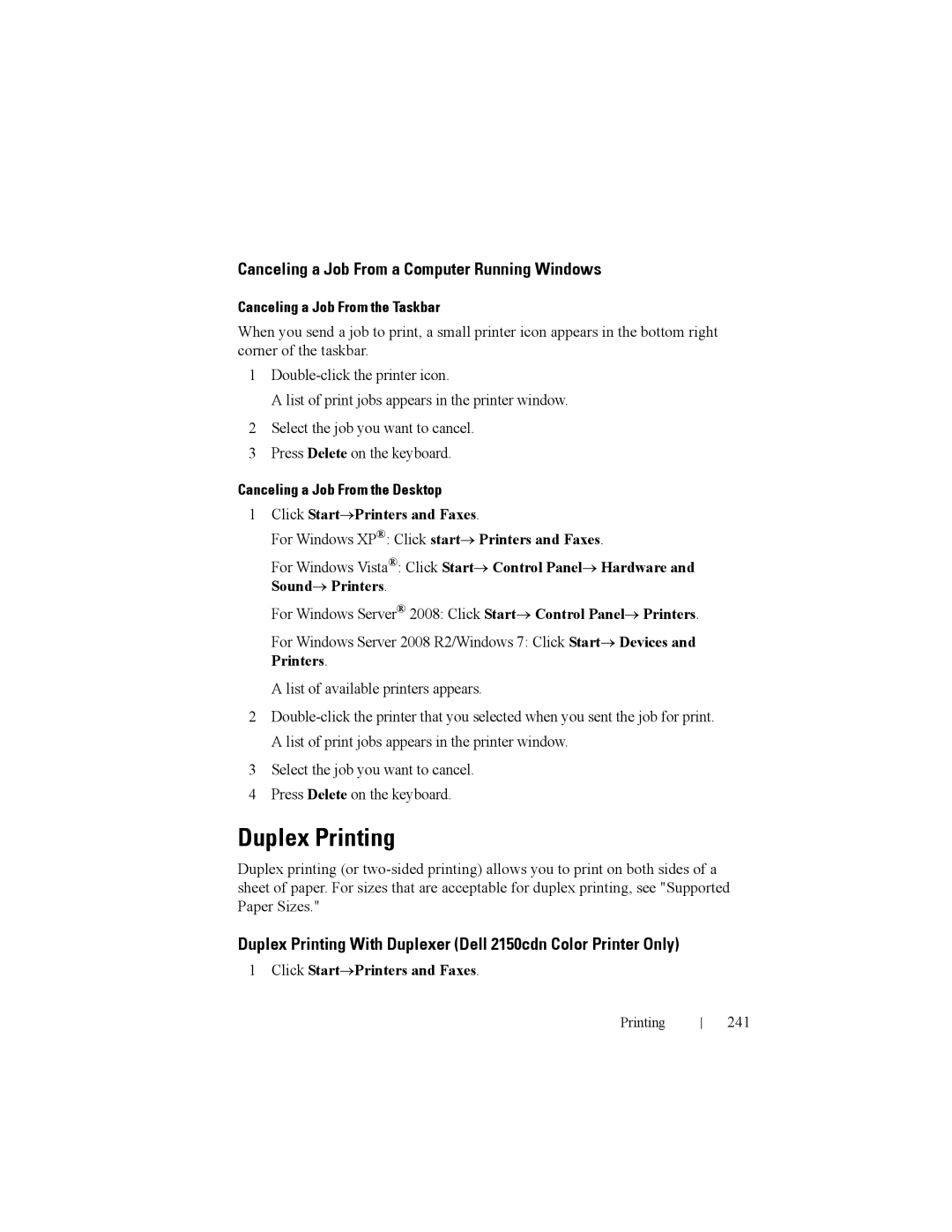 Dell 2150cn manual Duplex Printing, Canceling a Job From a Computer Running Windows, Canceling a Job From the Taskbar 