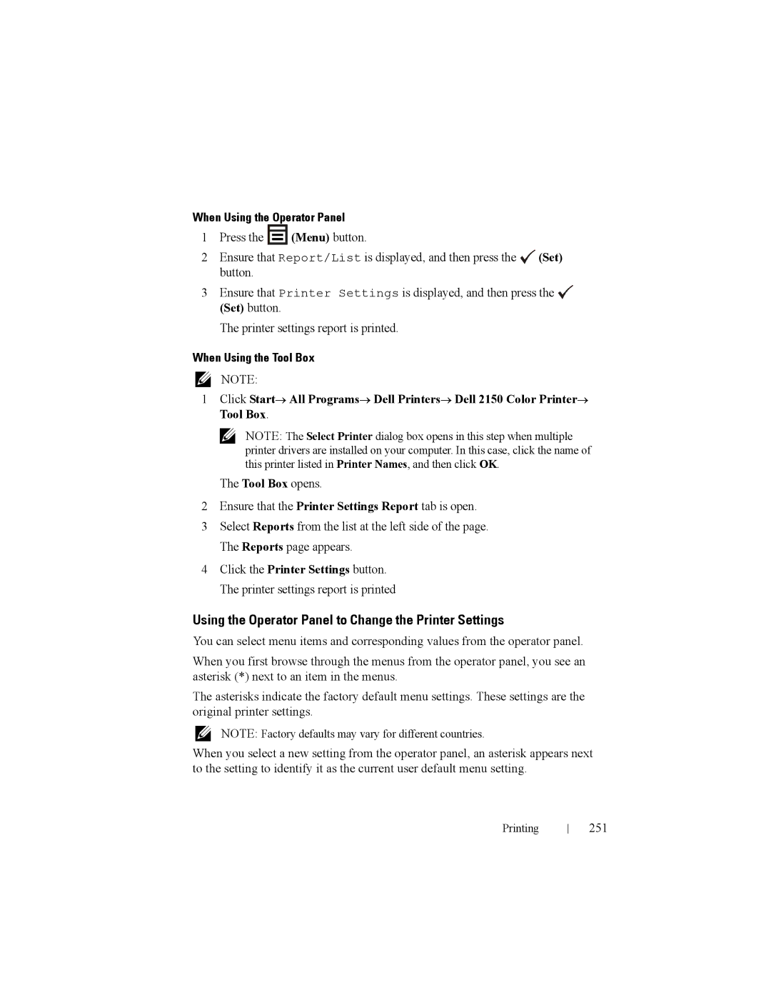 Dell 2150cn manual Using the Operator Panel to Change the Printer Settings, 251 