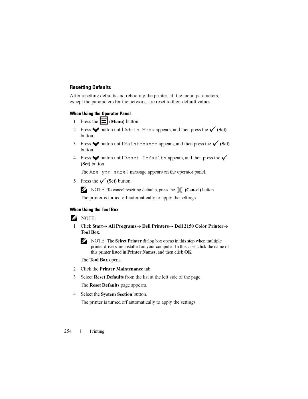 Dell 2150cn manual Resetting Defaults, Tool Box opens 