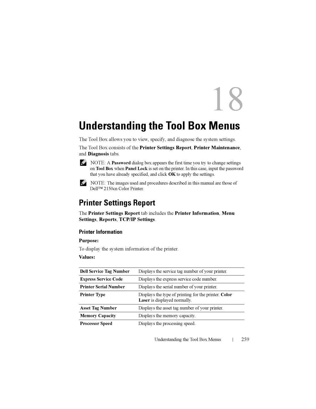 Dell 2150cn manual Printer Settings Report, To display the system information of the printer, 259 