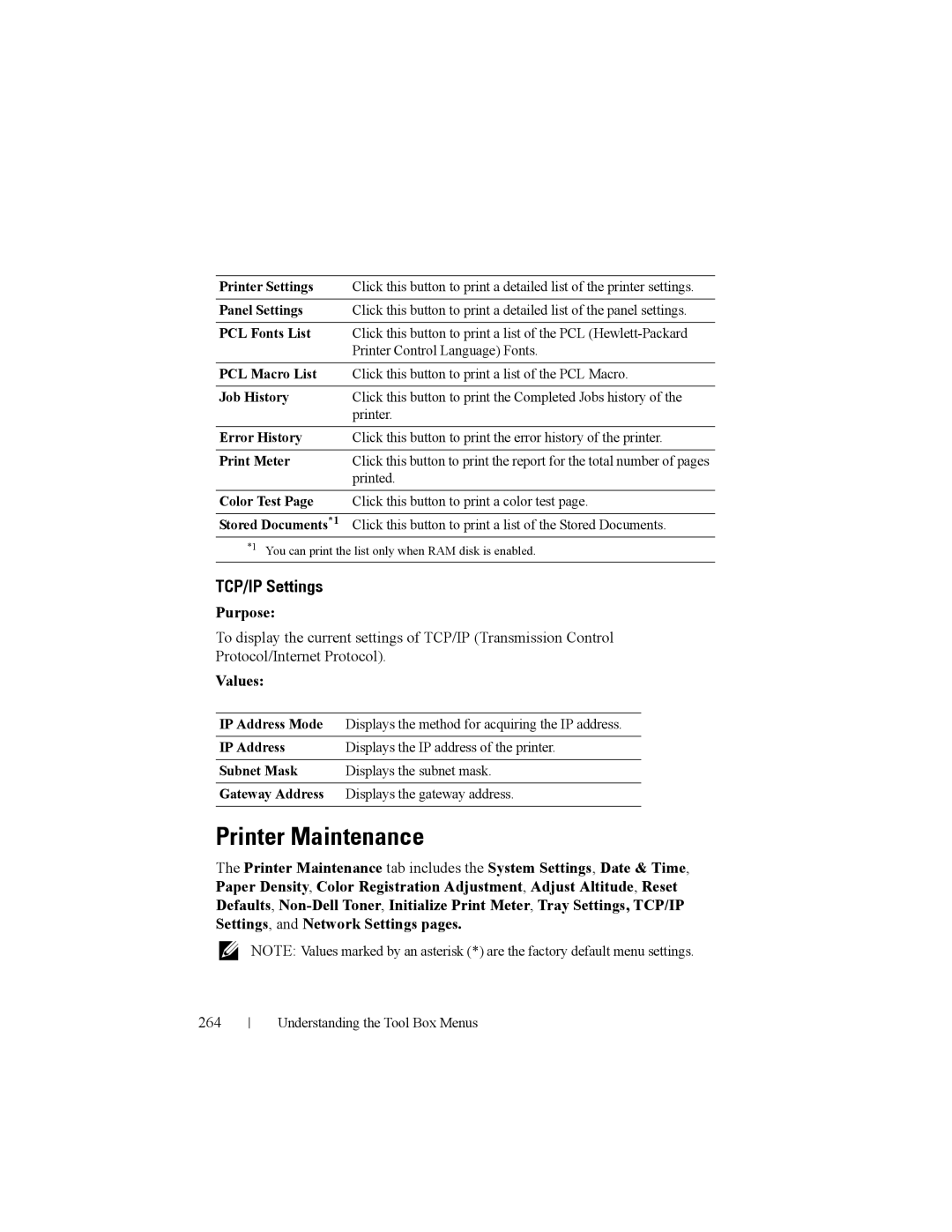 Dell 2150cn manual Printer Maintenance, TCP/IP Settings, 264 