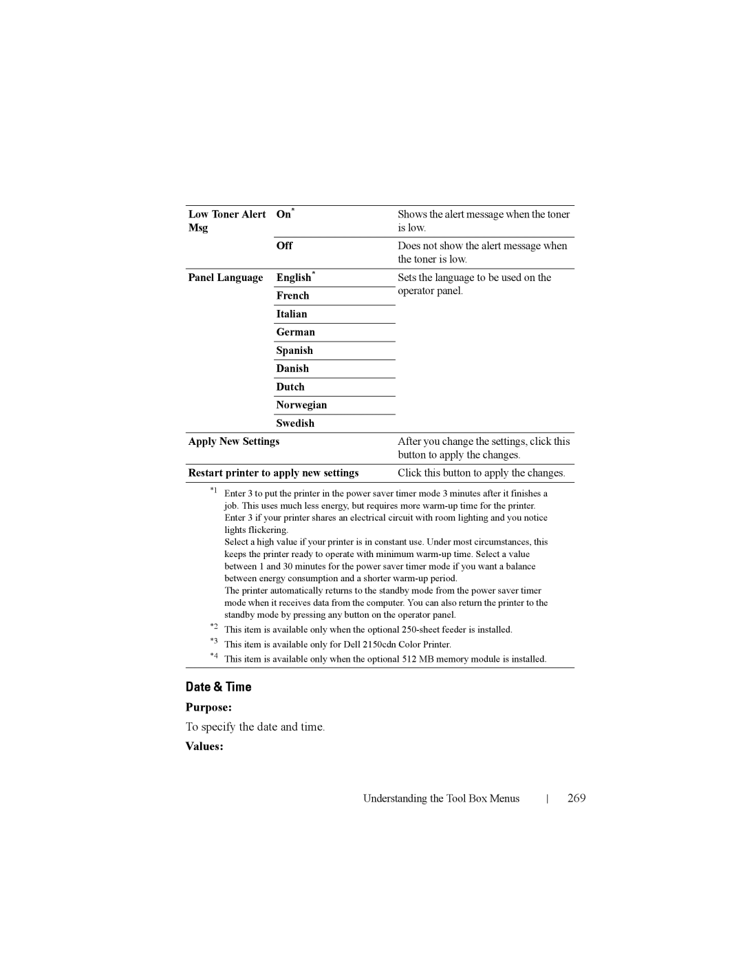 Dell 2150cn Date & Time, To specify the date and time, 269, Low Toner Alert On, Restart printer to apply new settings 