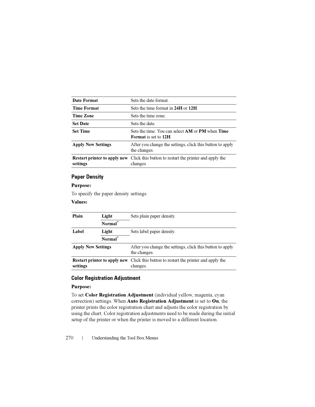 Dell 2150cn manual Paper Density, Color Registration Adjustment, To specify the paper density settings, Settingschanges 