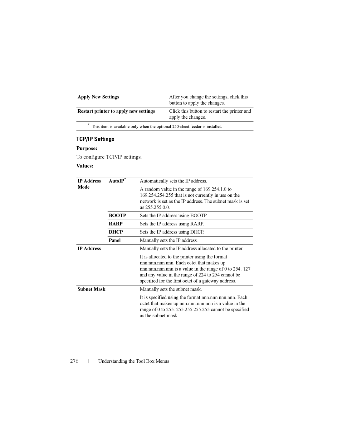 Dell 2150cn manual To configure TCP/IP settings, 276, IP Address AutoIP* Mode 