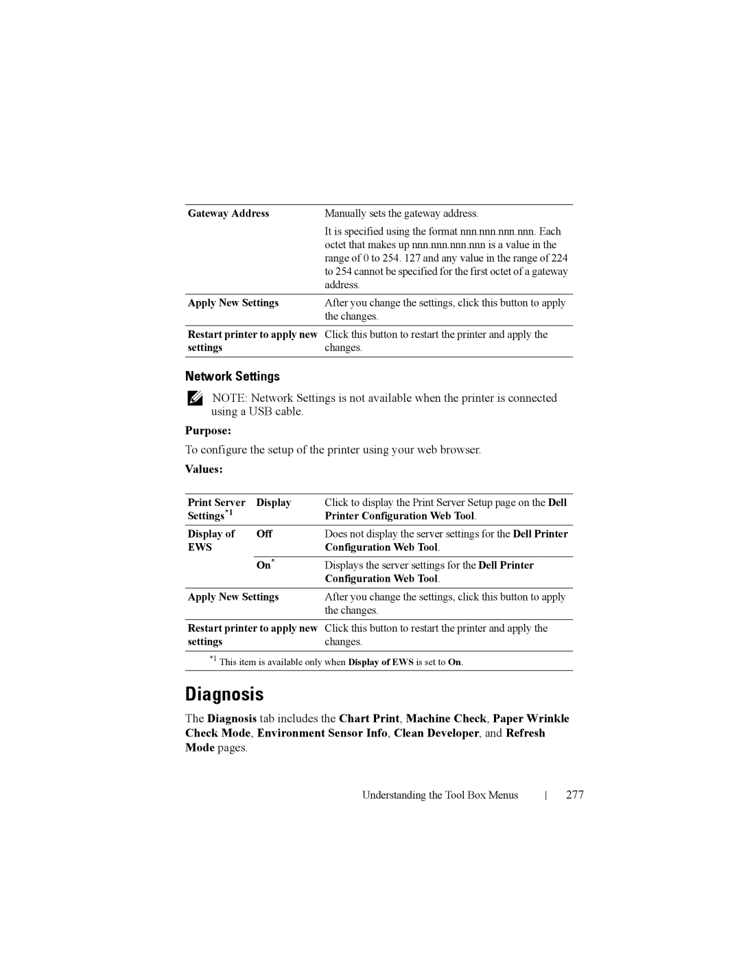 Dell 2150cn Diagnosis, Network Settings, 277, Configuration Web Tool, Displays the server settings for the Dell Printer 