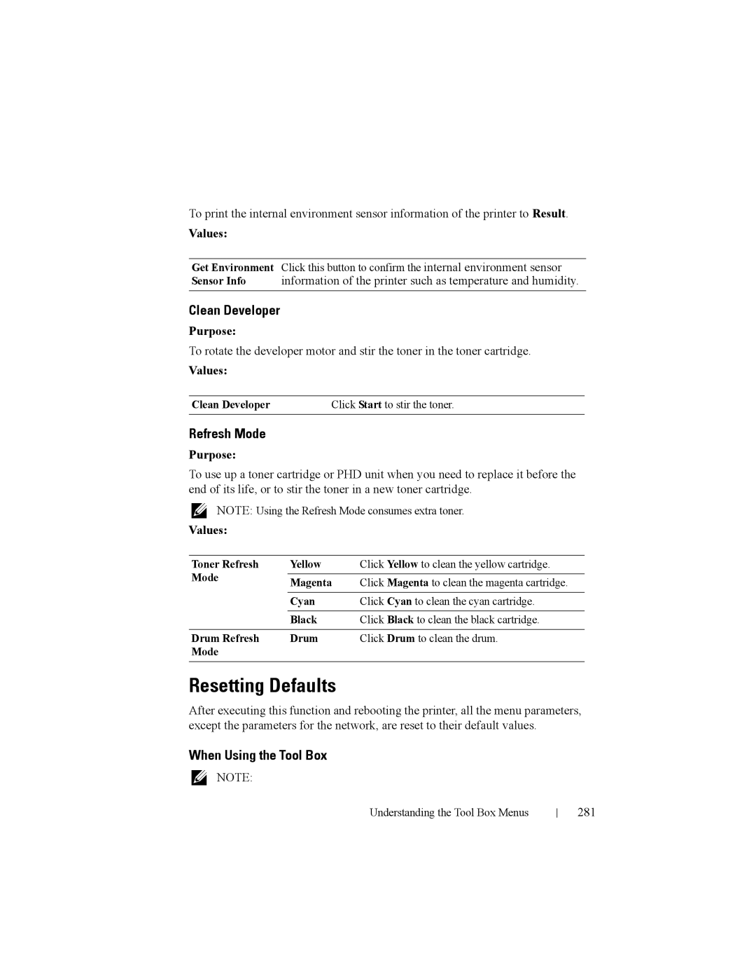 Dell 2150cn manual Resetting Defaults, Refresh Mode, 281, Clean Developer Click Start to stir the toner 