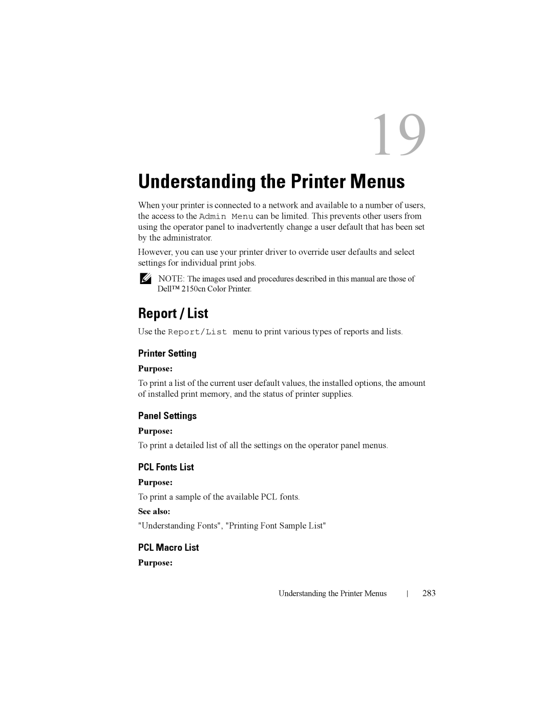 Dell 2150cn manual Understanding the Printer Menus, Report / List 