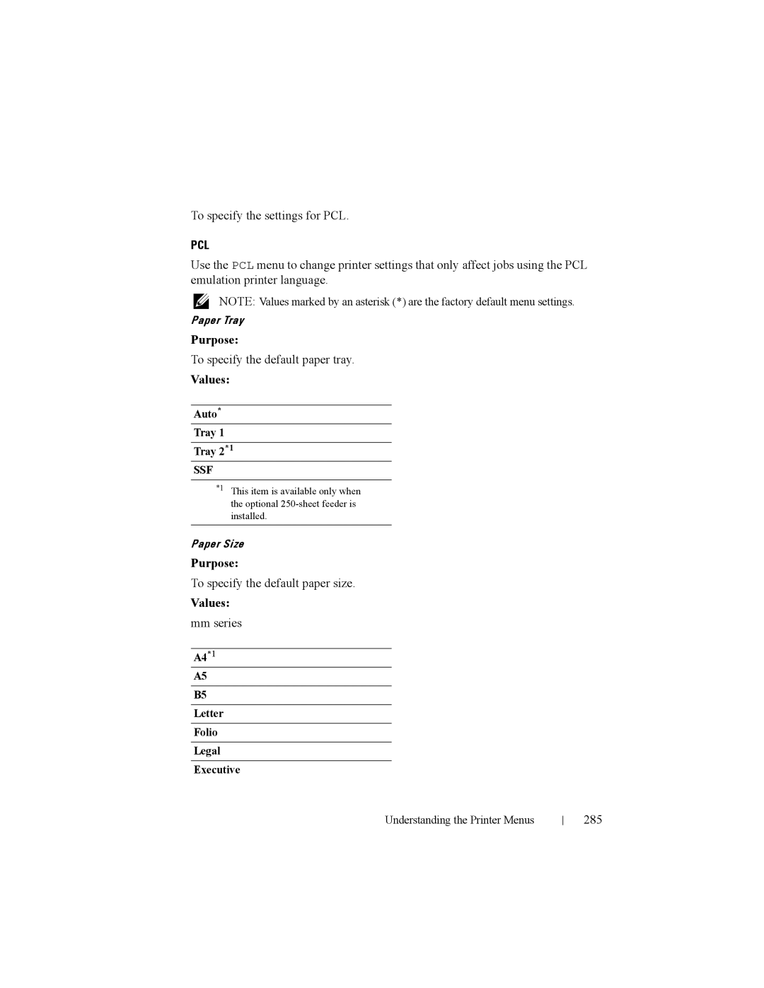 Dell 2150cn To specify the settings for PCL, To specify the default paper tray, To specify the default paper size, 285 