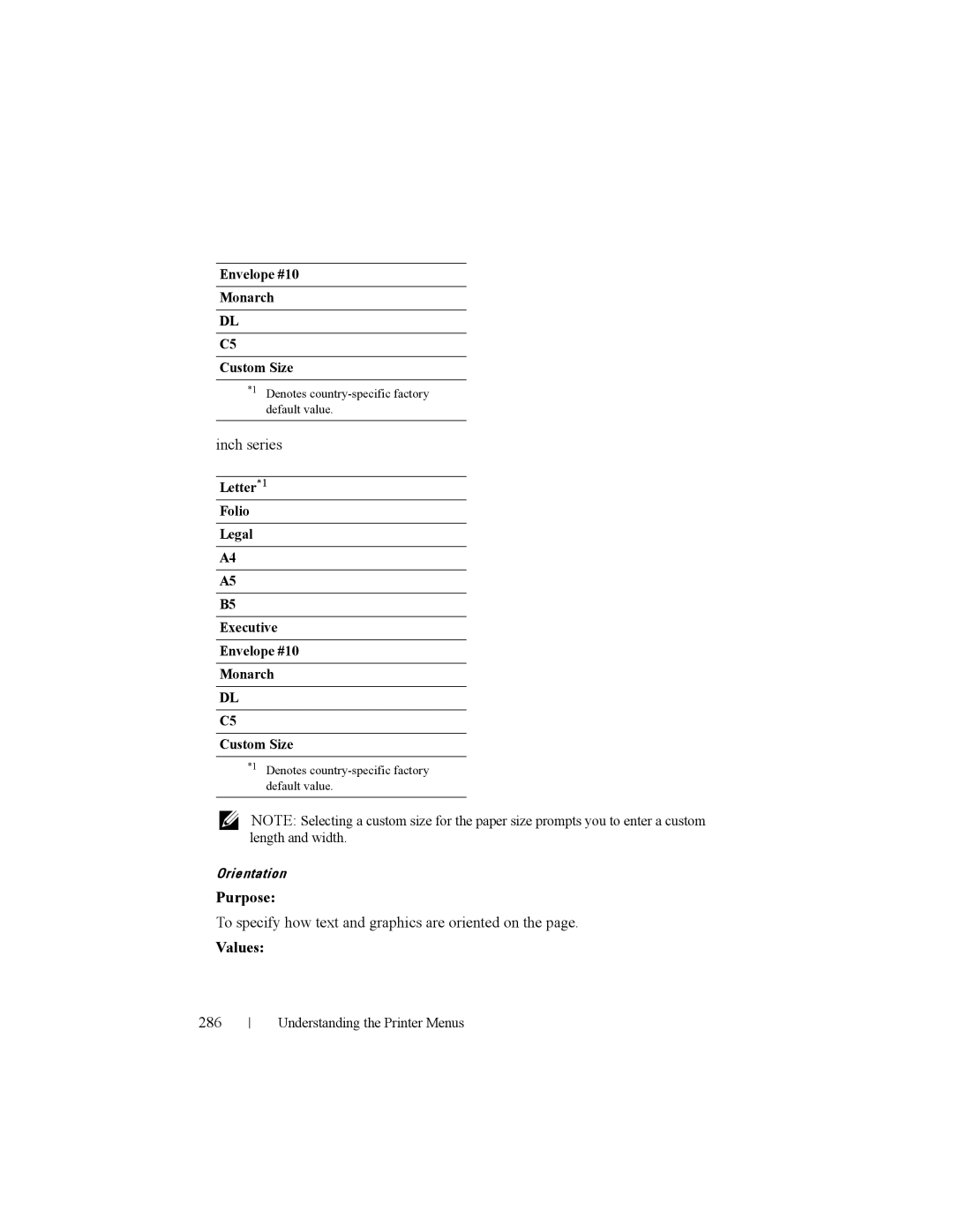 Dell 2150cn manual Inch series, To specify how text and graphics are oriented on, 286, Envelope #10 Monarch Custom Size 