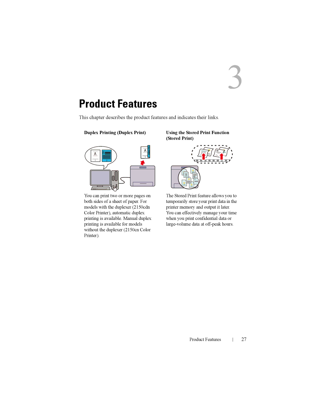 Dell 2150cn manual Product Features, Duplex Printing Duplex Print, Stored Print 