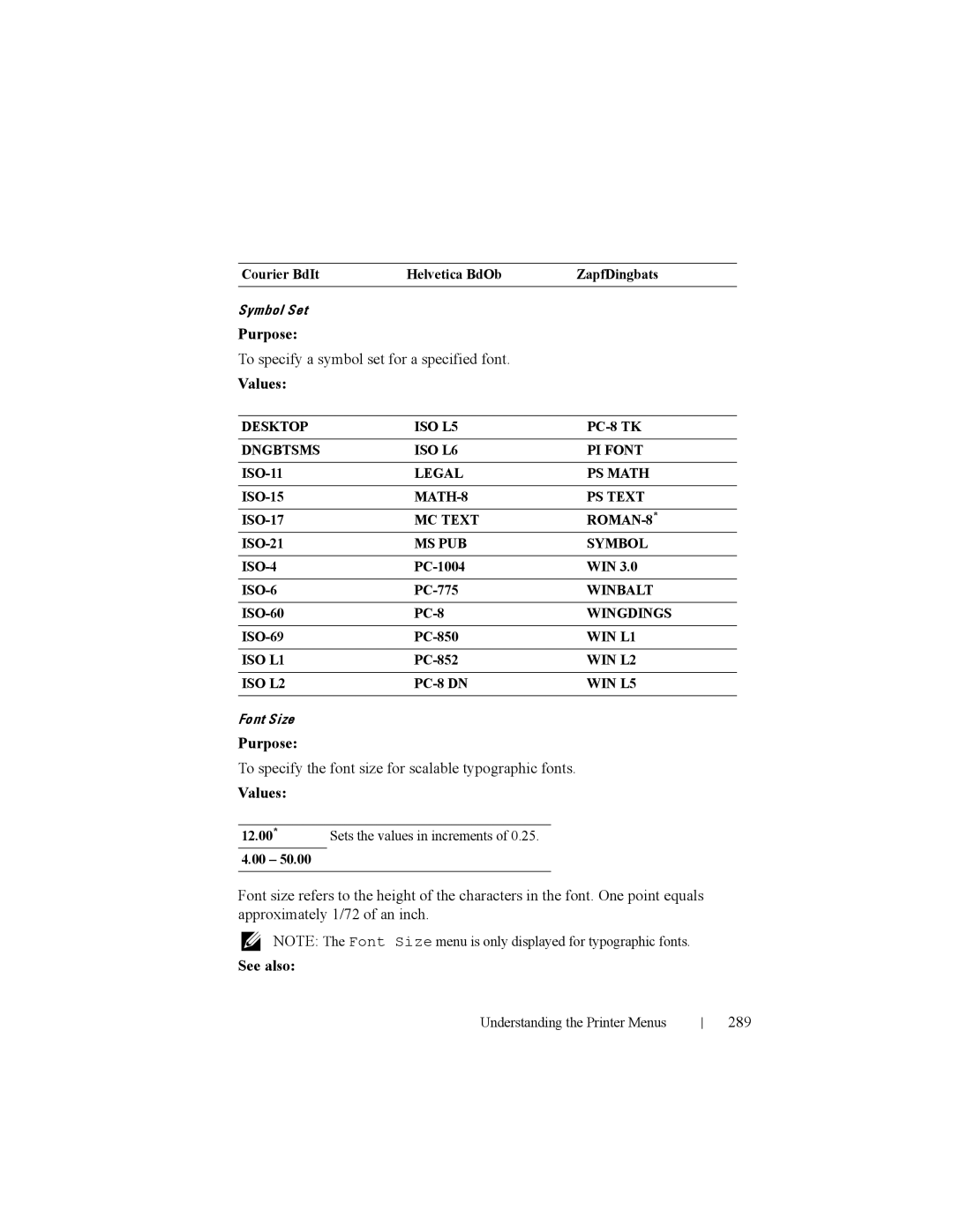 Dell 2150cn To specify a symbol set for a specified font, To specify the font size for scalable typographic fonts, 289 