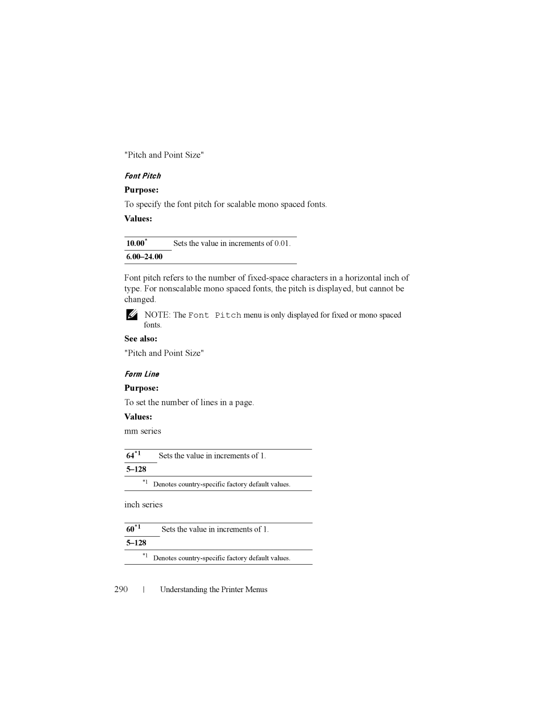 Dell 2150cn manual Pitch and Point Size, To specify the font pitch for scalable mono spaced fonts, 290 