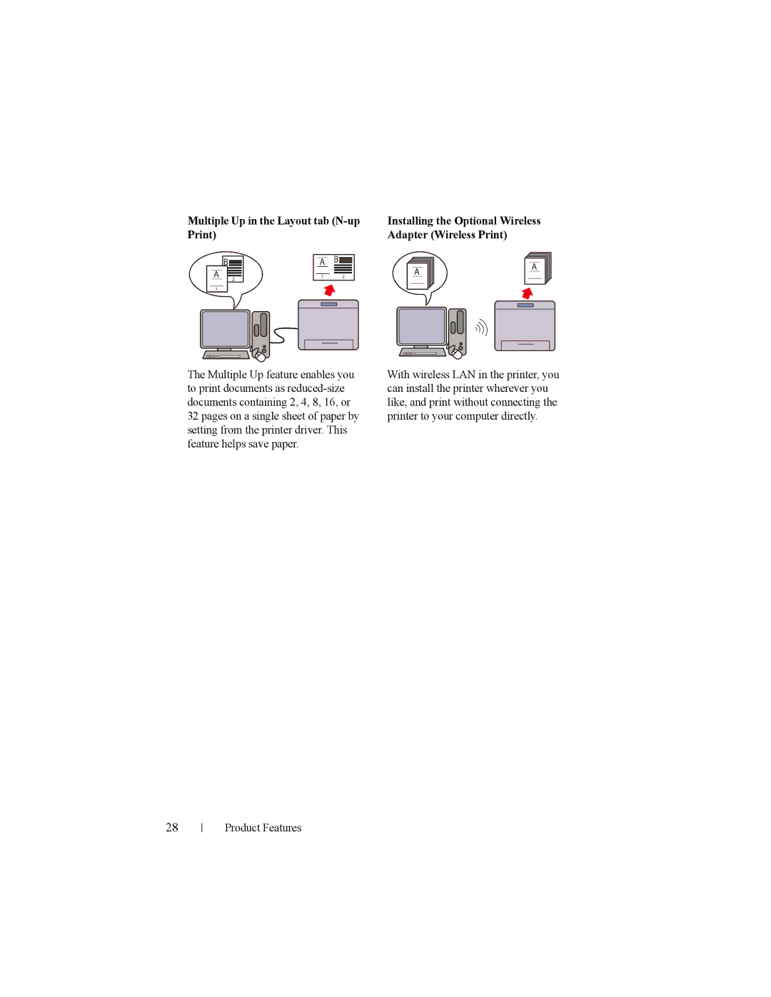 Dell 2150cn manual Multiple Up in the Layout tab N-up, Print Adapter Wireless Print 