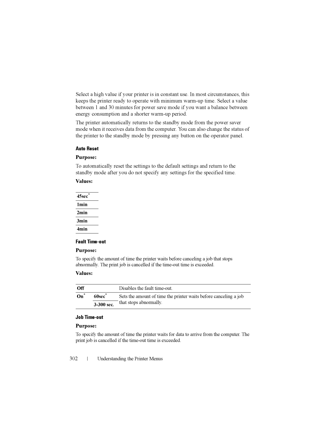 Dell 2150cn manual Auto Reset, Fault Time-out, Job Time-out, 302, 45sec 1min 2min 3min 4min 