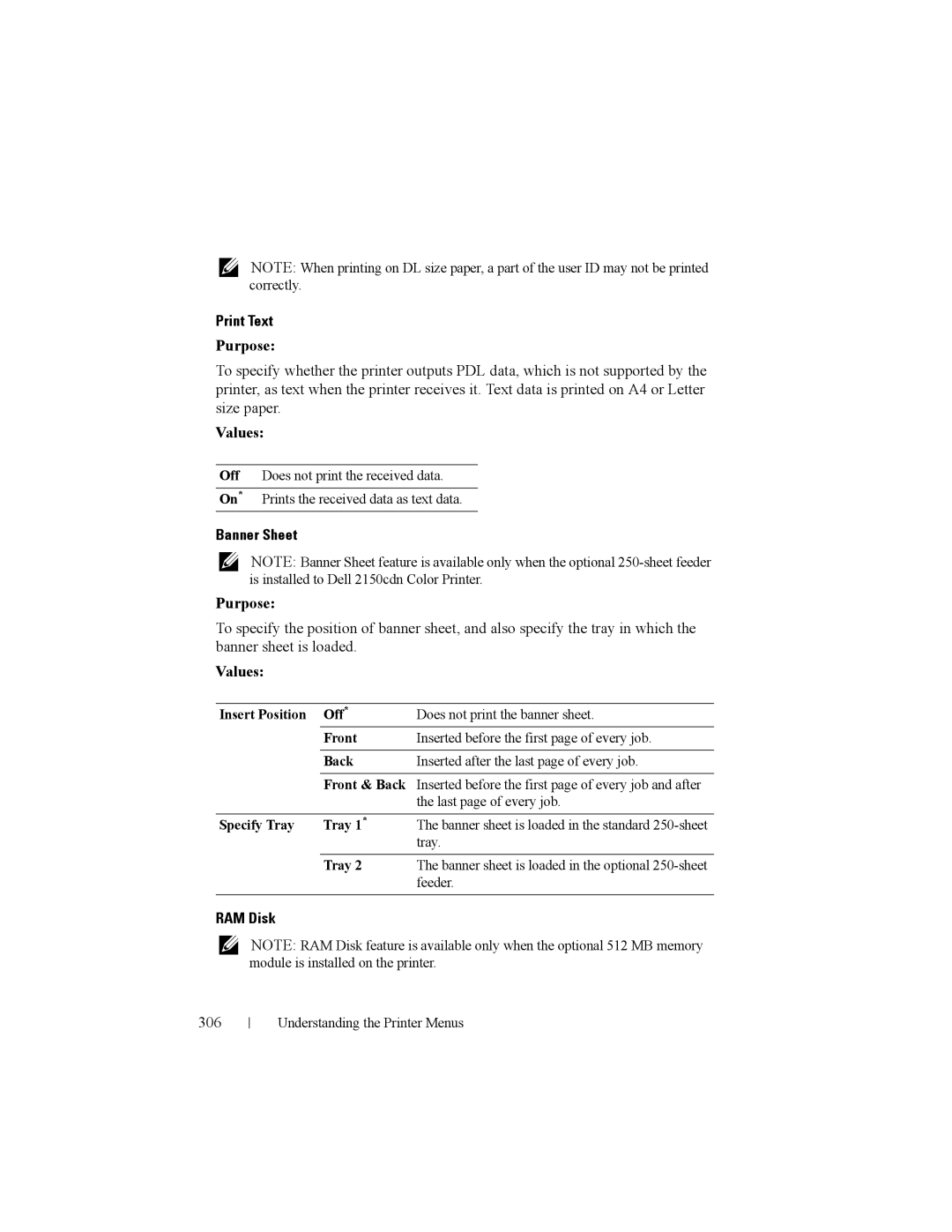 Dell 2150cn manual Print Text, Banner Sheet, RAM Disk, 306 