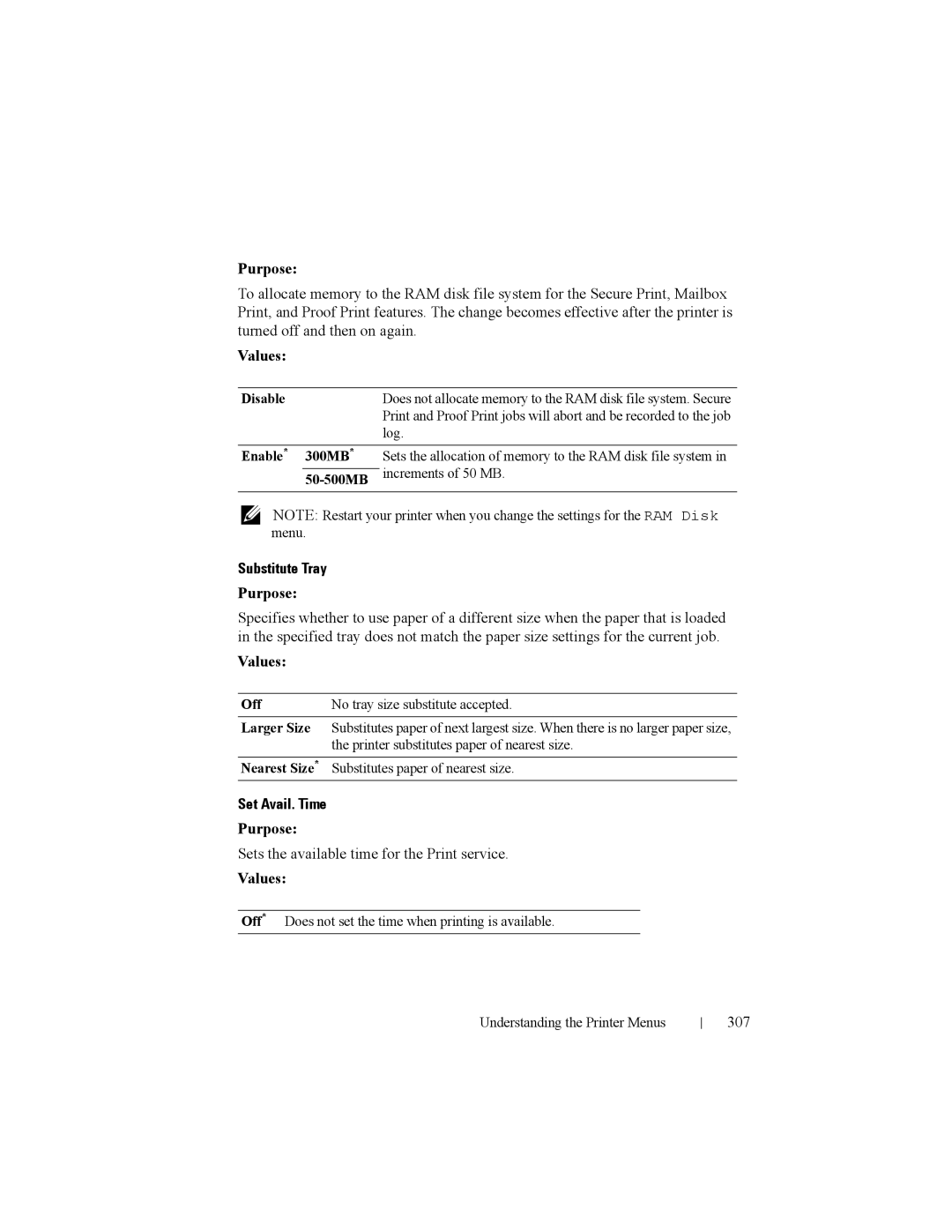 Dell 2150cn manual Substitute Tray, Set Avail. Time, Sets the available time for the Print service, 307 