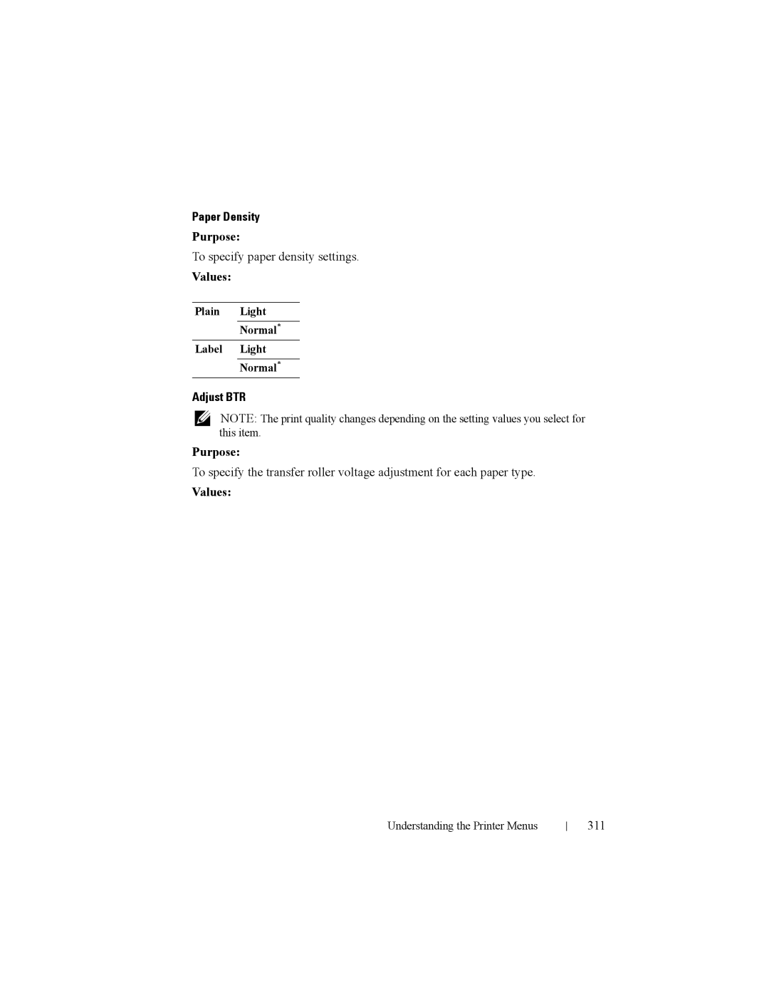 Dell 2150cn manual Paper Density, To specify paper density settings, Adjust BTR, 311, Plain Light Normal Label Light 